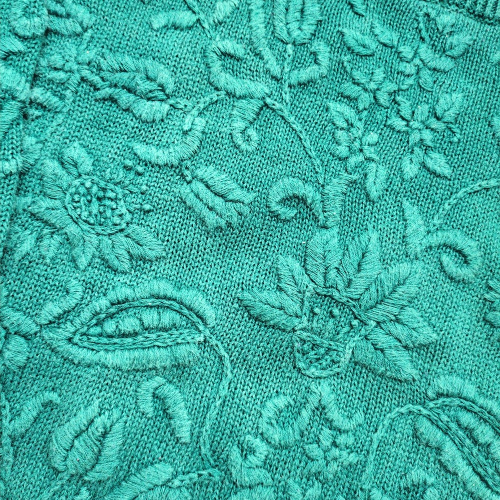 Cape Isle Knitters Floral Embroidered Sweater Teal Green Textured Chunky Cotton - Picture 3 of 8
